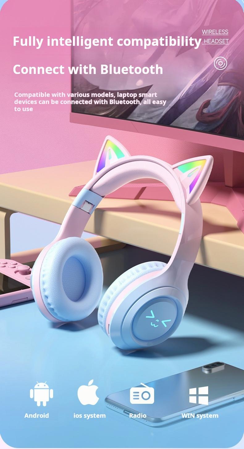 Wireless Bluetooth Cat Ear Headphones with Mic LED Light Foldable Over Ear Headset for Mobile Phone Laptop and Computer Cute Gift for Kids Teens and Adults