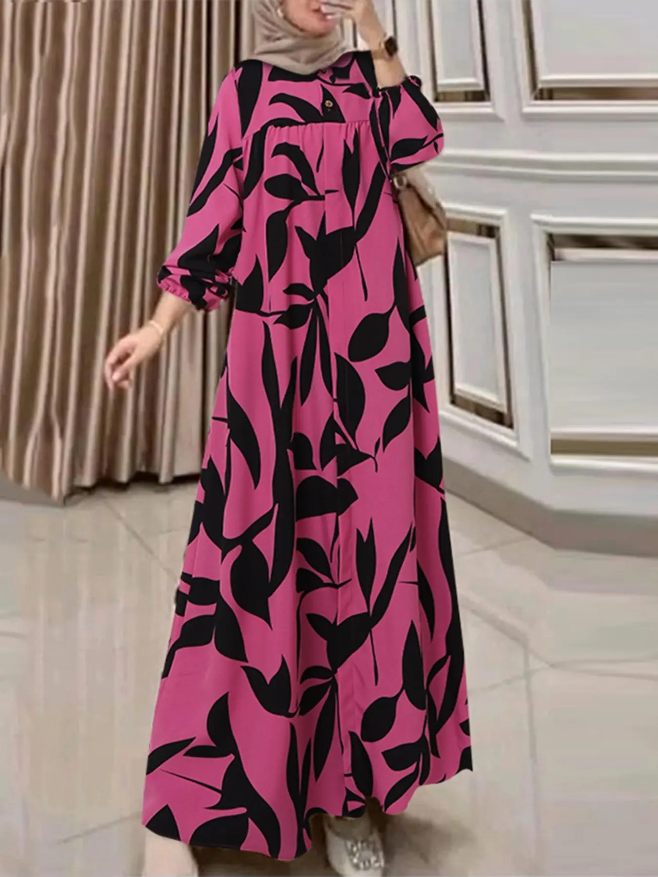 Women's All-Over Print Button Front Boho Casual Kaftan Dress, Casual Bishop Sleeve Round Neck Maxi Dress for Fall & Winter, Women's Islamic Clothing for Daily Wear, Modest Muslim Clothing, Modest Clothes, Modest Style