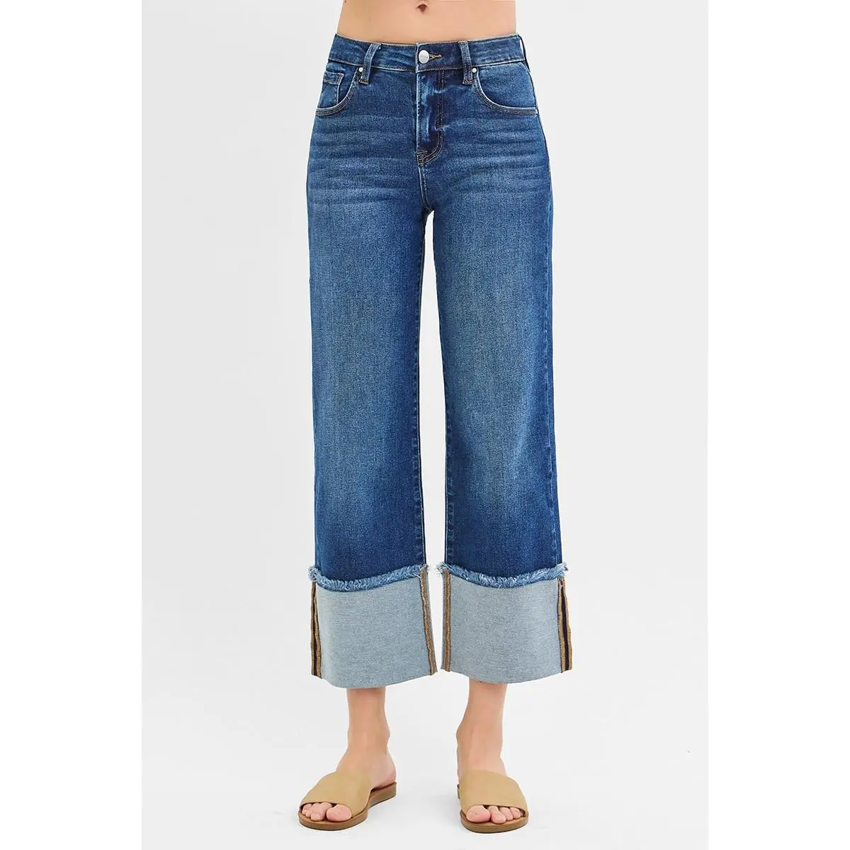 RISEN Full Size Mid Rise Crop Wide Wide Cuffed Jeans Plus Size