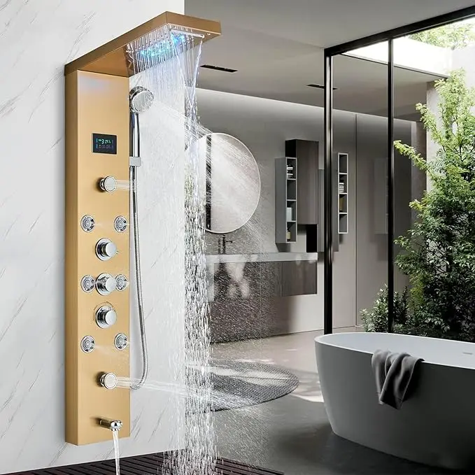 Gold Luxury LED Shower Shower Set, Waterfall Massage Body Jet System, Stainless Steel Rainfall Shower Shower with 3 Settings Handheld Shower And Tub Faucet, 5 Functions, Digital Display, Wall Mount Installation, Modern Premium Design