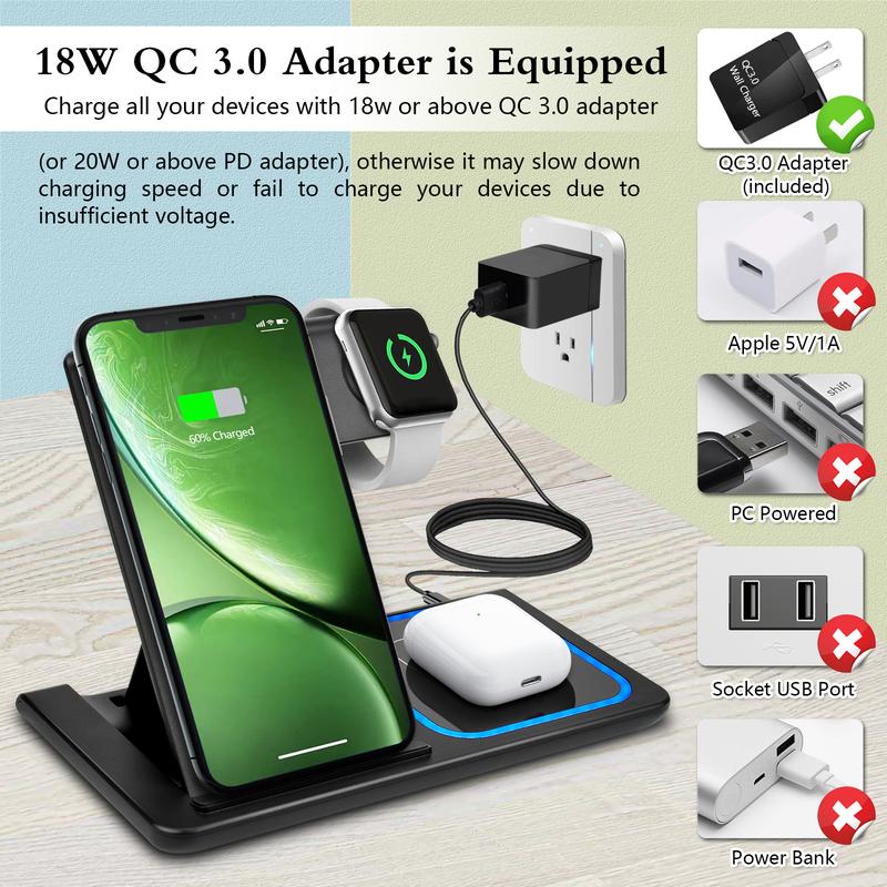 Wireless Charger, 3 in 1 Wireless Charging Station, Fast Wireless Charger Stand for iPhone 18 17 16 15 14 13 12 11 Pro Max XR XS, Apple Watch 8 7 6 5 4 3 2 SE, AirPods Pro 3 2 with QC3.0 Adapter Included