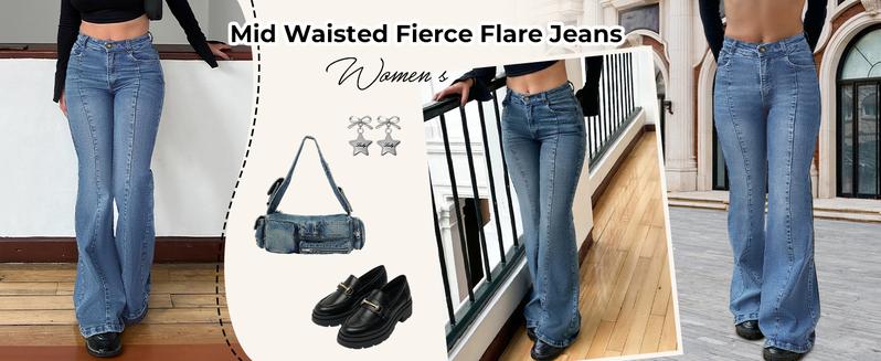 EMMIOL Women's Bootcut Stretch Jeans Flare Mid-High Waisted Stretchy Straight Leg Denim Pants with Seamed Front Loose Fit Trendy Style