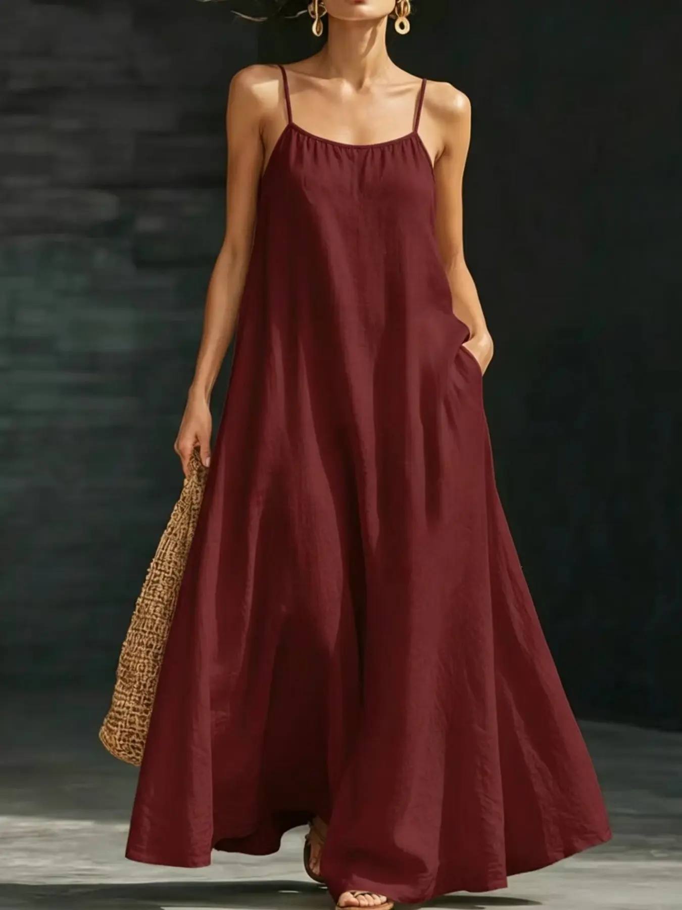 French Minimalist Loose Strap Sleeveless Dress, Summer Beach Vacation Style, Casual Chic Elegant Long Dress, Casual Dresses, Perfect for Holiday & Leisure, Casual Wear