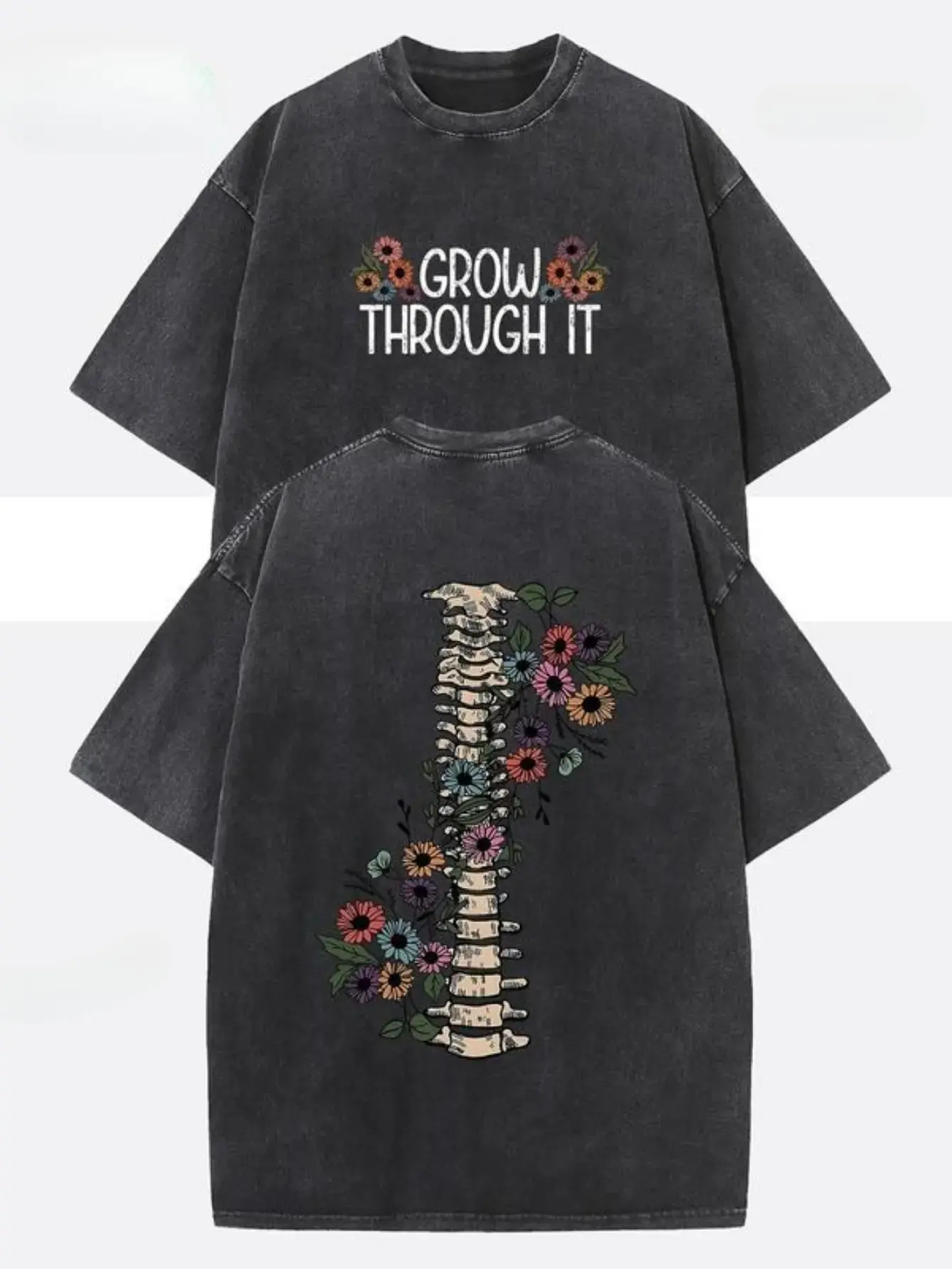 Vintage Washed Distressed Men's Tshirt - Short Sleeve Crew Neck Pullover with Double-Sided "GROW THROUGH IT" Text & Floral Print, Casual Streetwear, Father's Day Gift, T-Shirt, Top