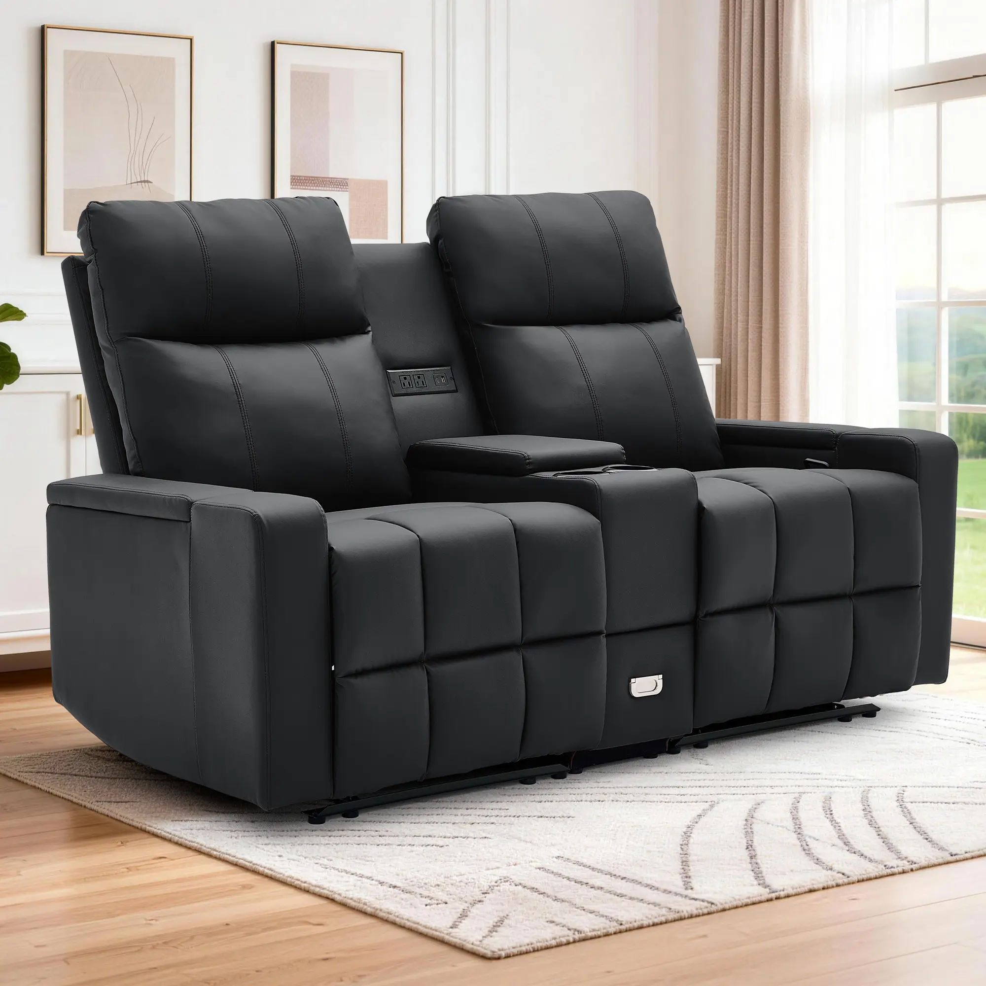Korser Oversized Reclining Loveseat - 2-Seater Sturdy Faux Leather Recliner with Cup Holders, USB Type-C Ports, Sponge Cushioning, Traditional Modern Sofas Couches for Living Room