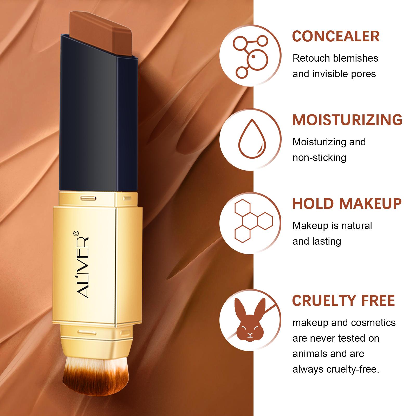 Aliver 2-in-1 Color Changing Concealer Stick with Cosmetic Brush, Brightening Long-Lasting Concealer for All Skin Types (Ivory/Natural Tan/Espresso) – Covers Acne, Doubles as Foundation