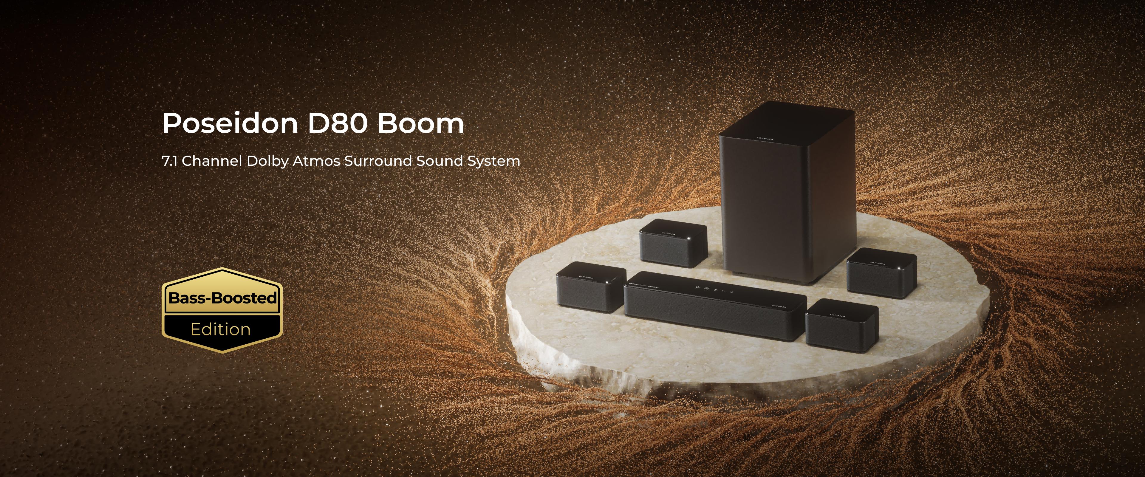 ULTIMEA Poseidon D80 BOOM Soundbar 7.1ch Dolby Atmos with Explosive Deep BASS Subwoofer, 4 Wired Surround Speakers, Subwoofer, HDMI eARC, Bluetooth & App Control – 2025 New Version Home Theater System for Powerful Surround Sound Experience, Black Friday