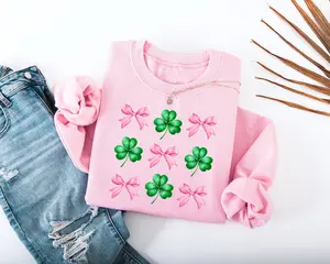 Pink Bow and Shamrock Sweatshirt Adult, St. Patrick's Day Crewneck - Hello Handpressed