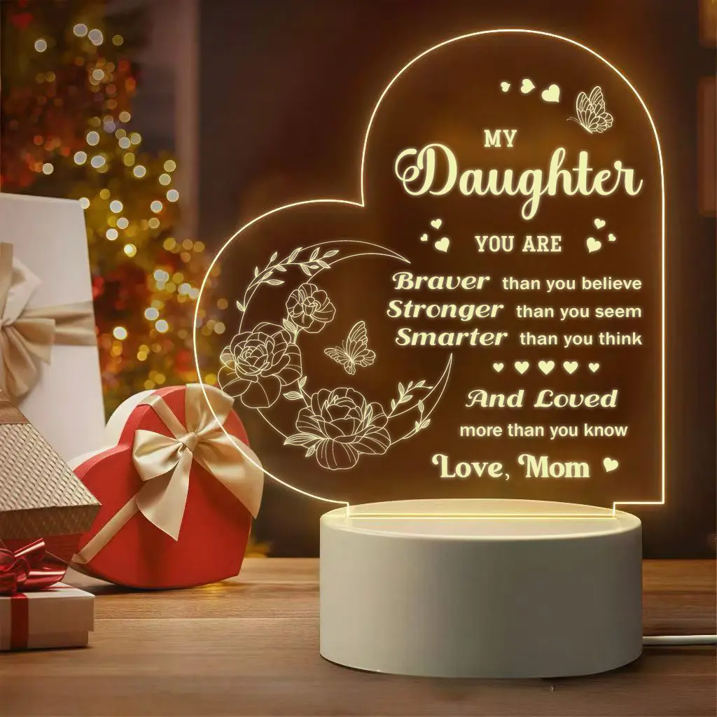 12cm Solid Acrylic Heart-Shaped Floral Engraved Night Light, 9.5cm Diameter, USB Cable Powered Warm Glow, Rustic Farmhouse Decor for Farmhouse Style Home Bedroom Table, Mom-To-Daughter Encouragement Graduation Gift, 9.5 Cm Diameter