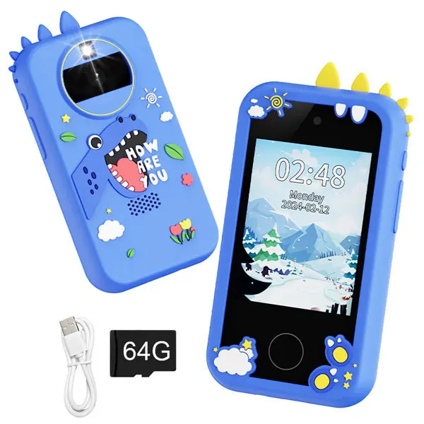 Kids Smart Phone Toys, Learning Educational Phone with 64GB SD Card, Touchscreen HD Digital Dual Video Camera, Birthday Gifts Idea for 3 4 5 6 7 8 Year Old Kids Portable Silicone