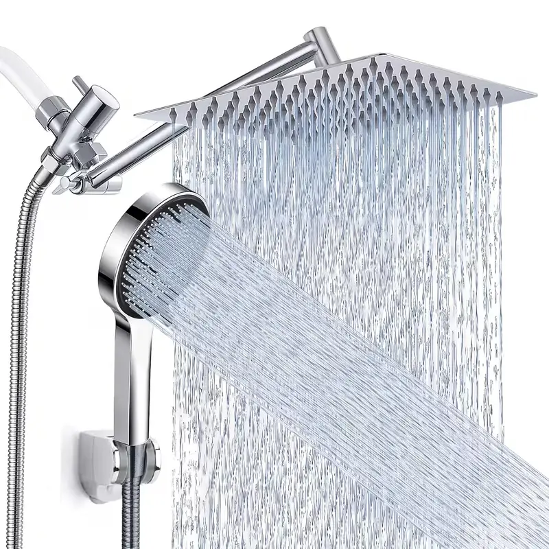 Multi-Size Square Rain Shower Head with Handheld Combo - 8/10/12 in High Pressure, 5-Setting Hand Shower, 59 in Hose, 3-Way Diverter Valve, Adhesive Holder, Wrench-Free Installation, Water Control, Bathroom Fixture