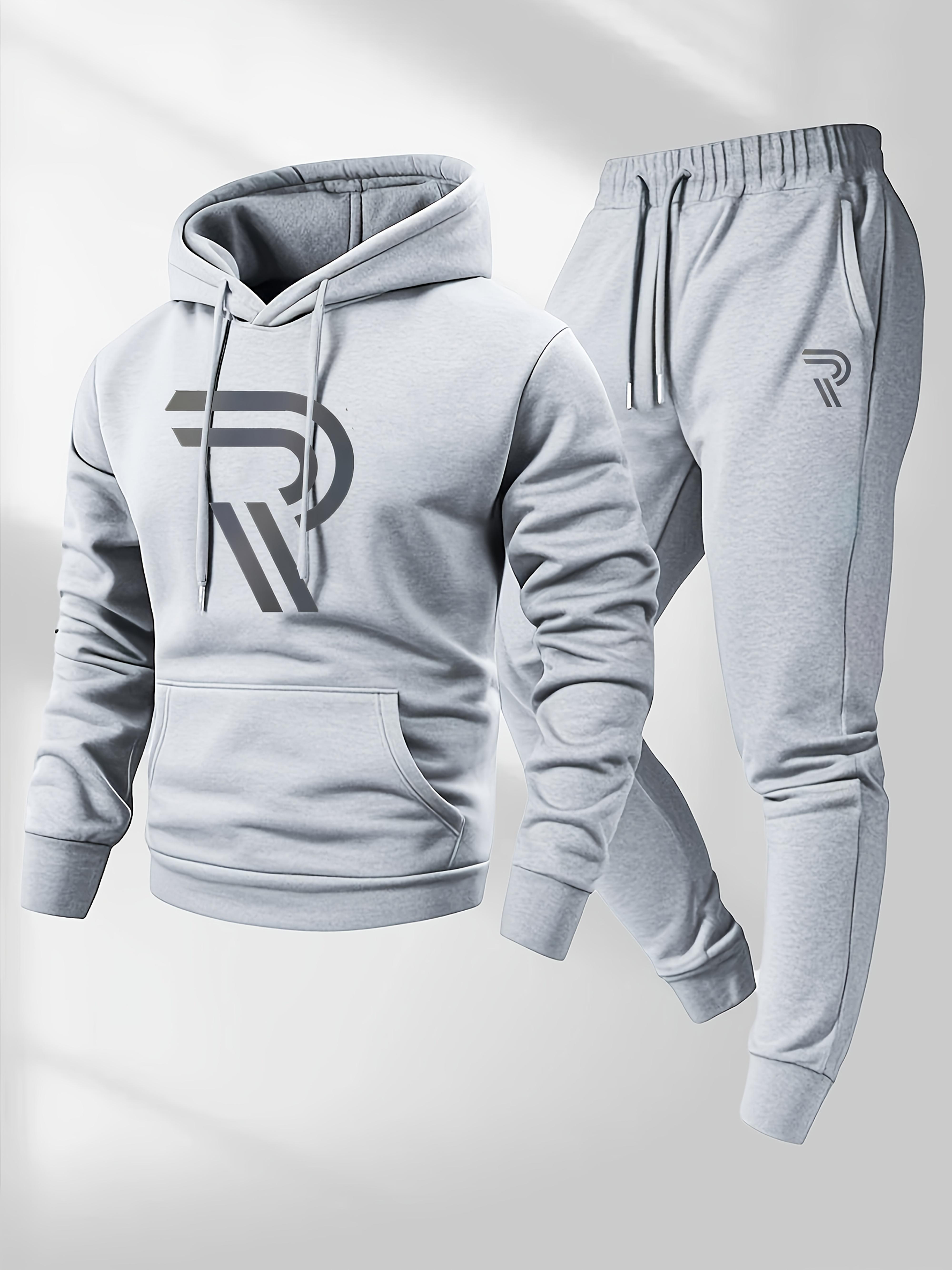Men's sports two-piece hooded sweatshirt and pants set - gray with black logo, non stretch fabric, regular style, pocket, suitable for autumn and winter, casual wear | hooded sweatshirt | pocket pants, sweater hooded sweatshirt