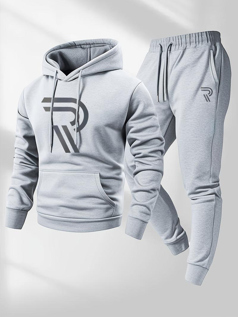 Men's sports two-piece hooded sweatshirt and pants set - gray with black logo, non stretch fabric, regular style, pocket, suitable for autumn and winter, casual wear | hooded sweatshirt | pocket pants, sweater hooded sweatshirt