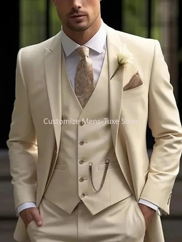 Men's New Beige Slim-Fitting 3-Piece Single-Breasted Tuxedo Suits - Formal Wear Jacket, Vest, Pants for Groom, Business, Workwear, Customizable, Suit Set, Three-Pieces