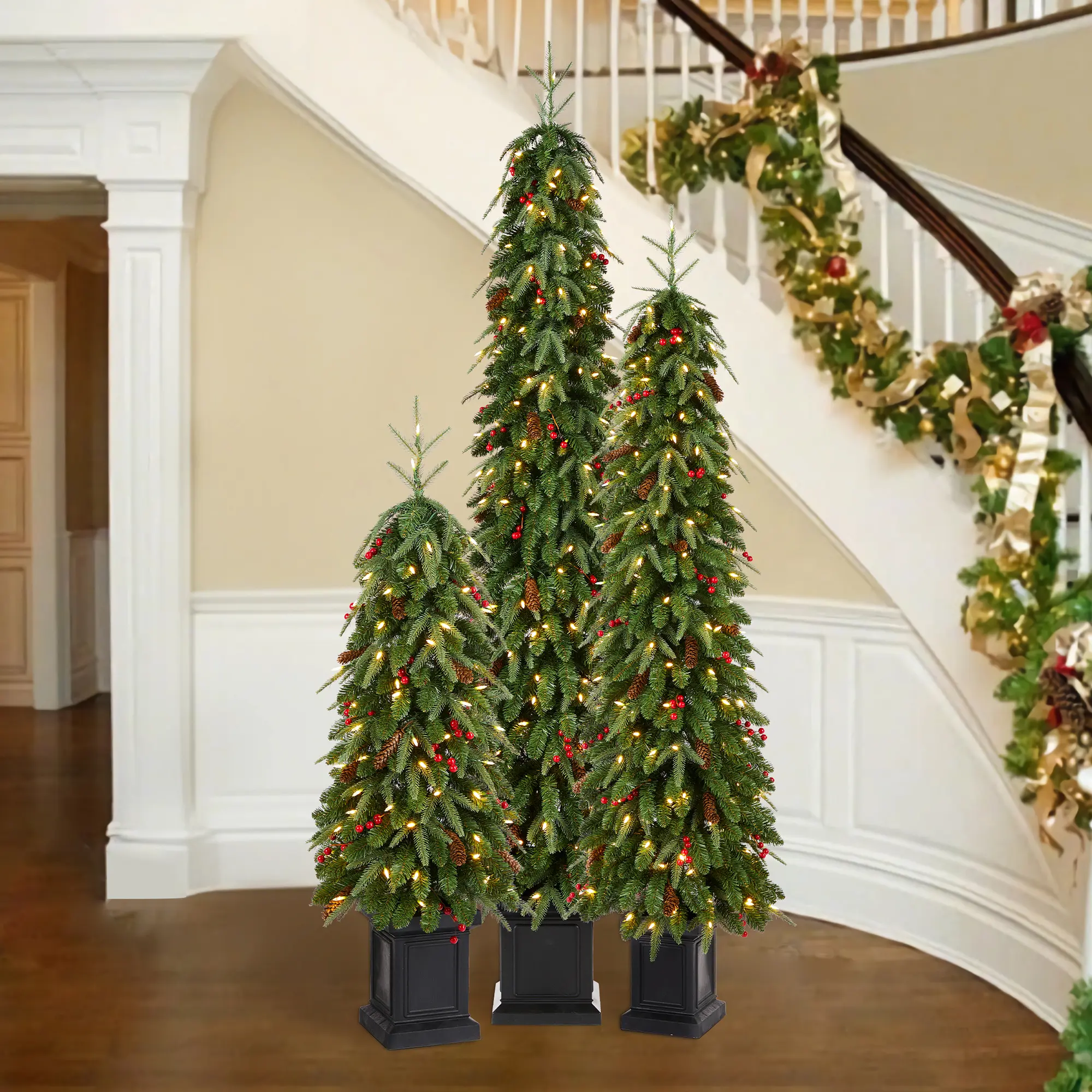 Glitzhome 4ft/6ft/7ft Pre-lit Green Artificial Christmas Porch Tree with red berries,pinecones, with warm white lights,3 function w/Foot Pedal