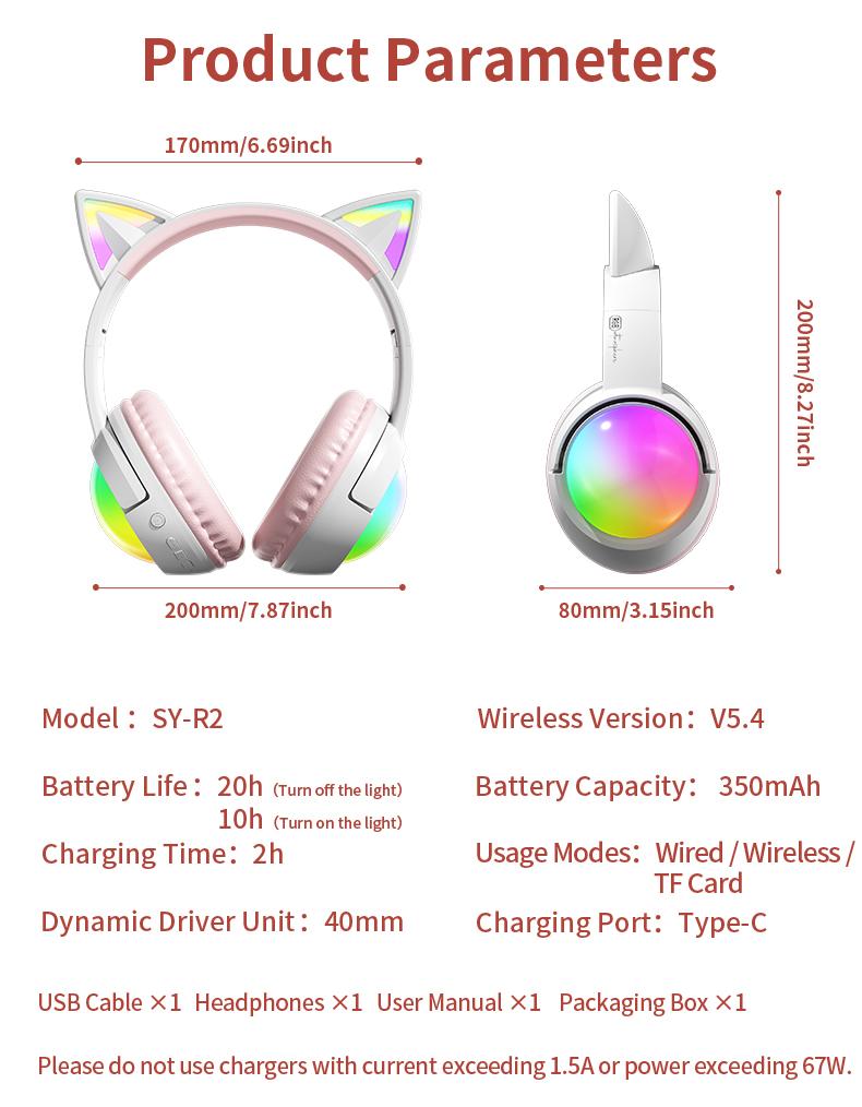 Wireless Bluetooth cat ear headphones with LED lights, foldable, over-ear design, built-in microphone, long battery life, suitable for mobile phones, tablets, iPads, and laptops. A cute gift for children, teenagers, and adults.