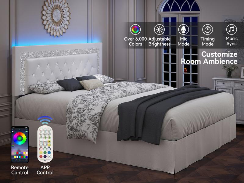 SIBEDS Diamond Upholstered Bed Frame with Adjustable Headboard, Modern Princess Style Platform Bed with LED Lights and Skirt, Crystal Button Tufted Foundation with Wooden Slats, Easy Assembly, Black/White/Grey/Best Gift ldeas/Christmas Gifts