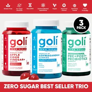 Zero Sugar Best Seller Trio World's First 3-in-1 Pre, Post,Probiotic, Apple Cider Vinegar with Vitamin B12 andProbiotics To Address Bloating, Ashwagandha & L-Theanine,Vitamin D gummies. Gluten-Free, Vegan, Non-GMO &Gelatin-Free