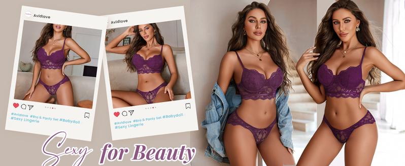 Avidlove Floral Lace Bra and Panty Set for Women - 2 Piece Bralette Outfits with Adjustable Buckle - Breathable & Comfortable Womenswear