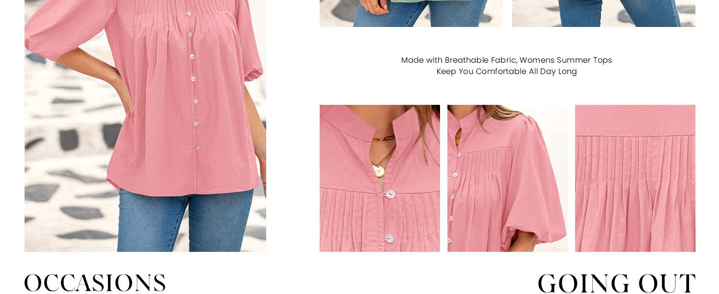 PrettyGarden Women's Button Down Lined Shirt Short Lantern Sleeve Summer Tops Loose Fit Casual Pleated V Neck Blouses