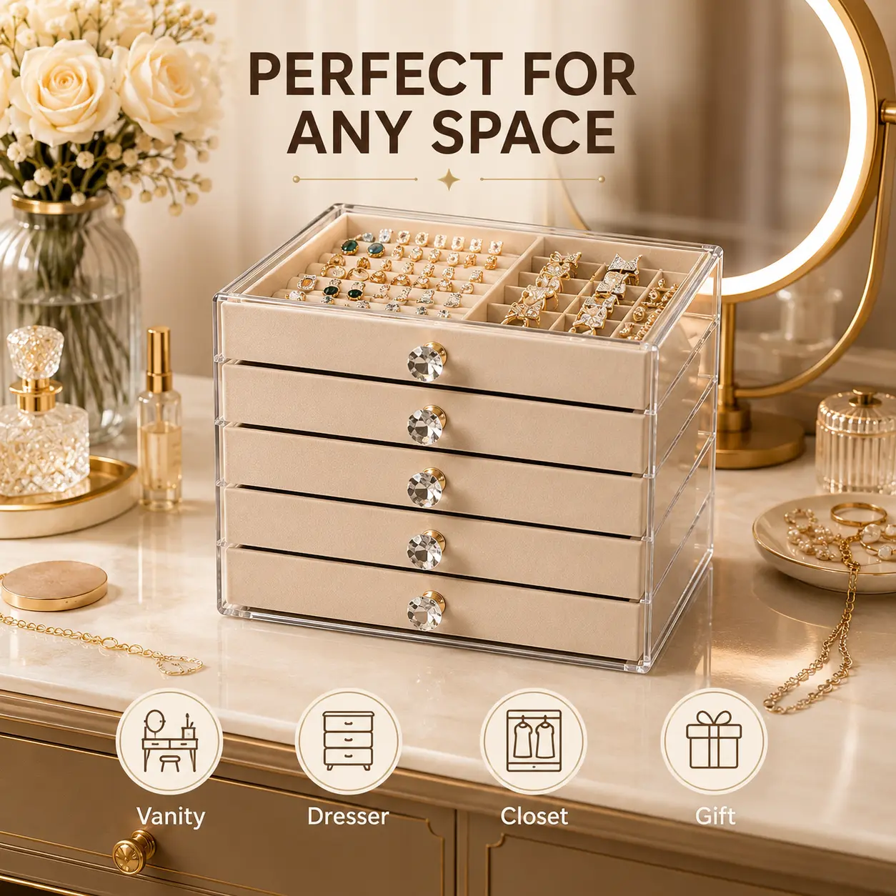 Luxury Acrylic Jewelry Box Organizer - 5 Drawers Velvet Lined Clear Stackable Storage for Earrings Necklaces Rings Bracelets Elegant Beige Dresser Top Vanity Displays,makeup organizer art,Fashion Star