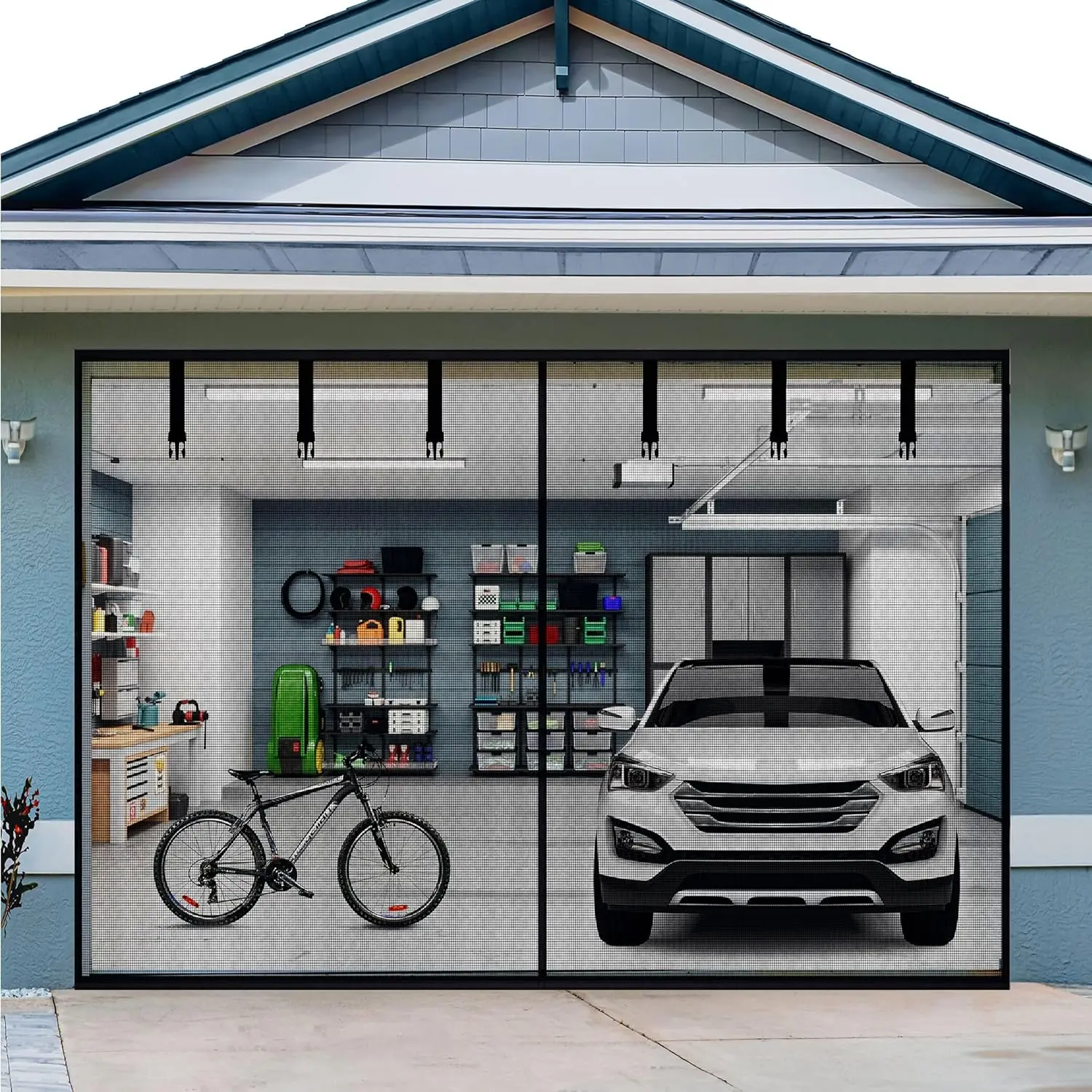 Heavy-Duty Frameless Retractable Garage Screen Door - Strong Magnetic Closure, Reinforced Fiberglass Mesh, Weighted Bottom, Hands-Free Operation, Easy Assembly, Hook&Loop Strips, Fireproof, Outdoor Spaces Solution, Front And Rear Entry, Push Pins Secure