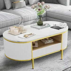 Garvee Modern Fluted Oval Coffee Table, 48'' with Faux Marble Top, Curved Profile, Drawer Storage, Gold Metal Decor, White Center Table for Living Room