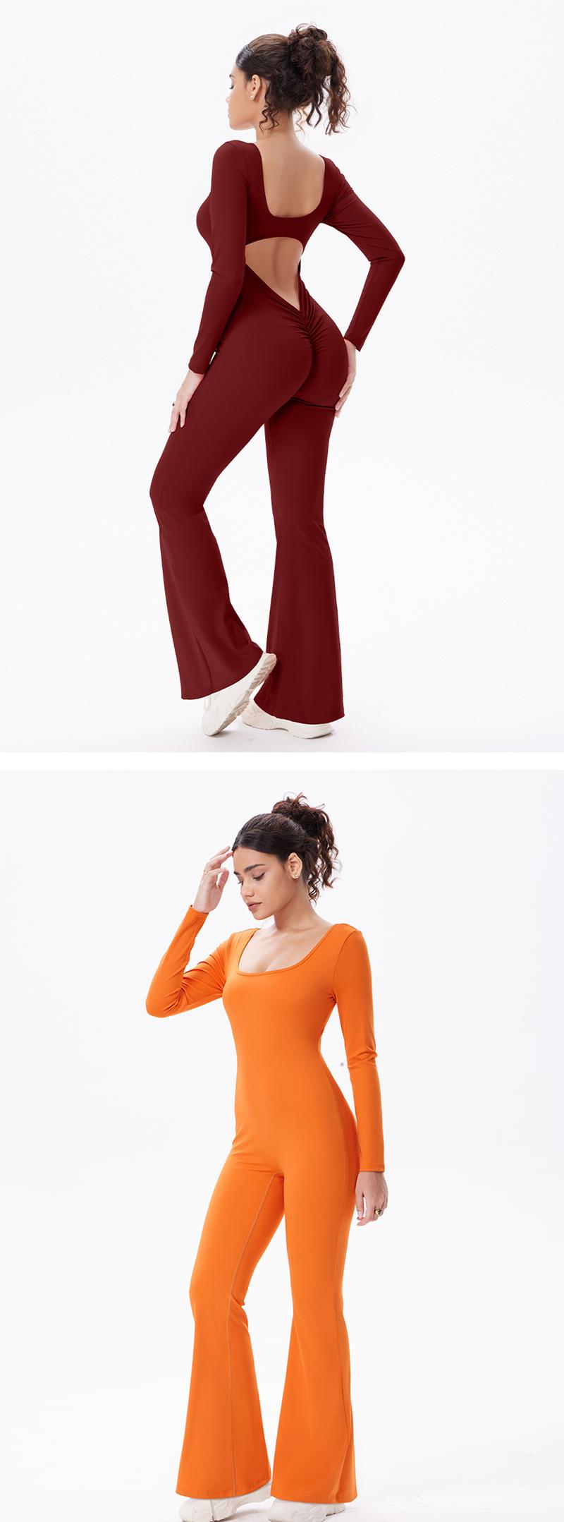 OQQ Women’s Backless Wide Leg Jumpsuit With Removable Built-In Padding – Long Sleeve Stretchy Flared V Back Yoga Romper