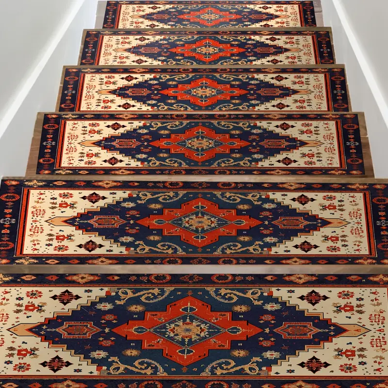 15pcs Stair Mat, Step Pad 8 Inch x 30 Inch Rubber Backed Non-Slip Mat Vintage Style Stair Mats Indoor Stair Mat Safety Pads for Noise Protection, More Suitable for Pets