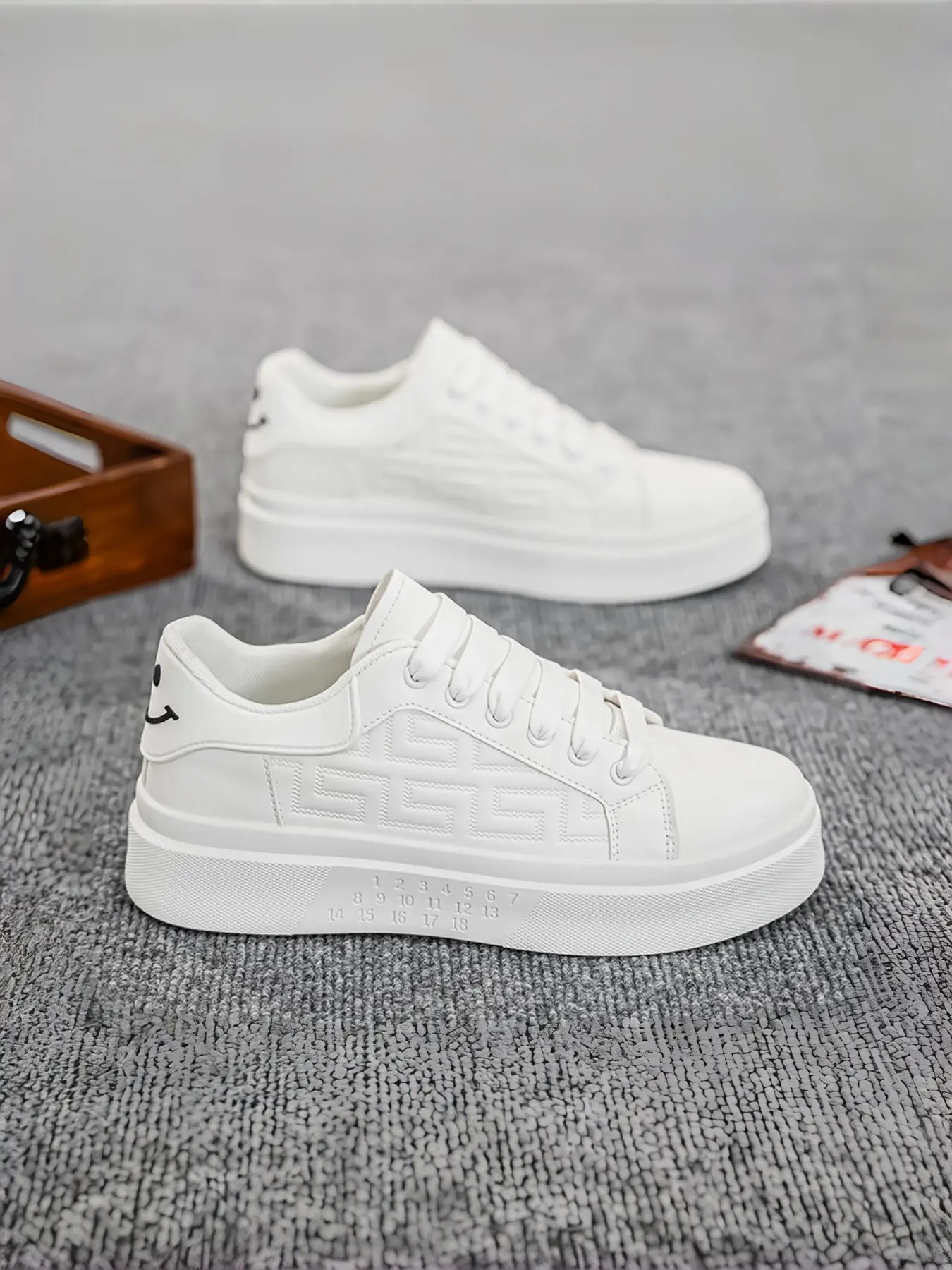 Mens Classic White Sneakers | Breathable Chunky Sole Walking Shoes | Versatile Student & Casual Style Low Top Sneaker Thick Sole Sneaker All Seasons Sneakers Thick Soled Sneakers