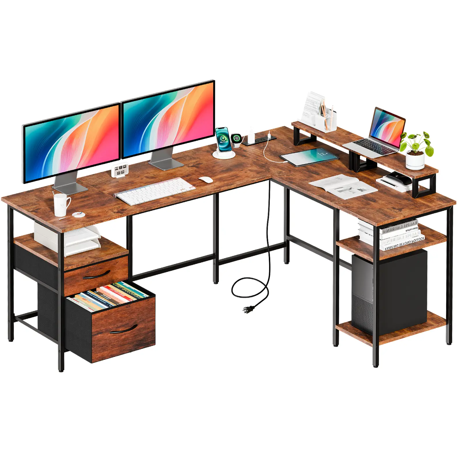 Sweetcrispy 62-Inch Modern L-Shape Gaming Corner Computer Desk - Adjustable, Ergonomic, Flexible, Built-In Outlets Charging Station, 2 Monitor Stands, Drawer, Adjustable Shelves for Home Office, Adjustable Desks, Built-In Outlets Desks
