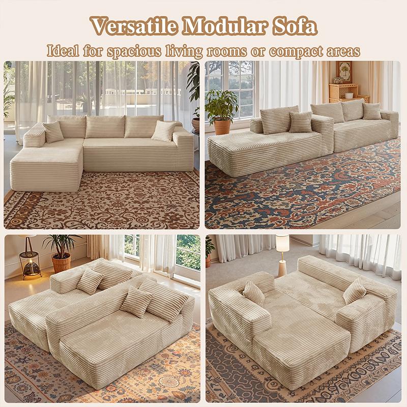 105'' Boneless Couch, Sectional Boneless Couches for Living Room w/Deep Seat, Cloud Couch w/Stripe, Boneless L Shaped Couches w/Flannel Fabrics