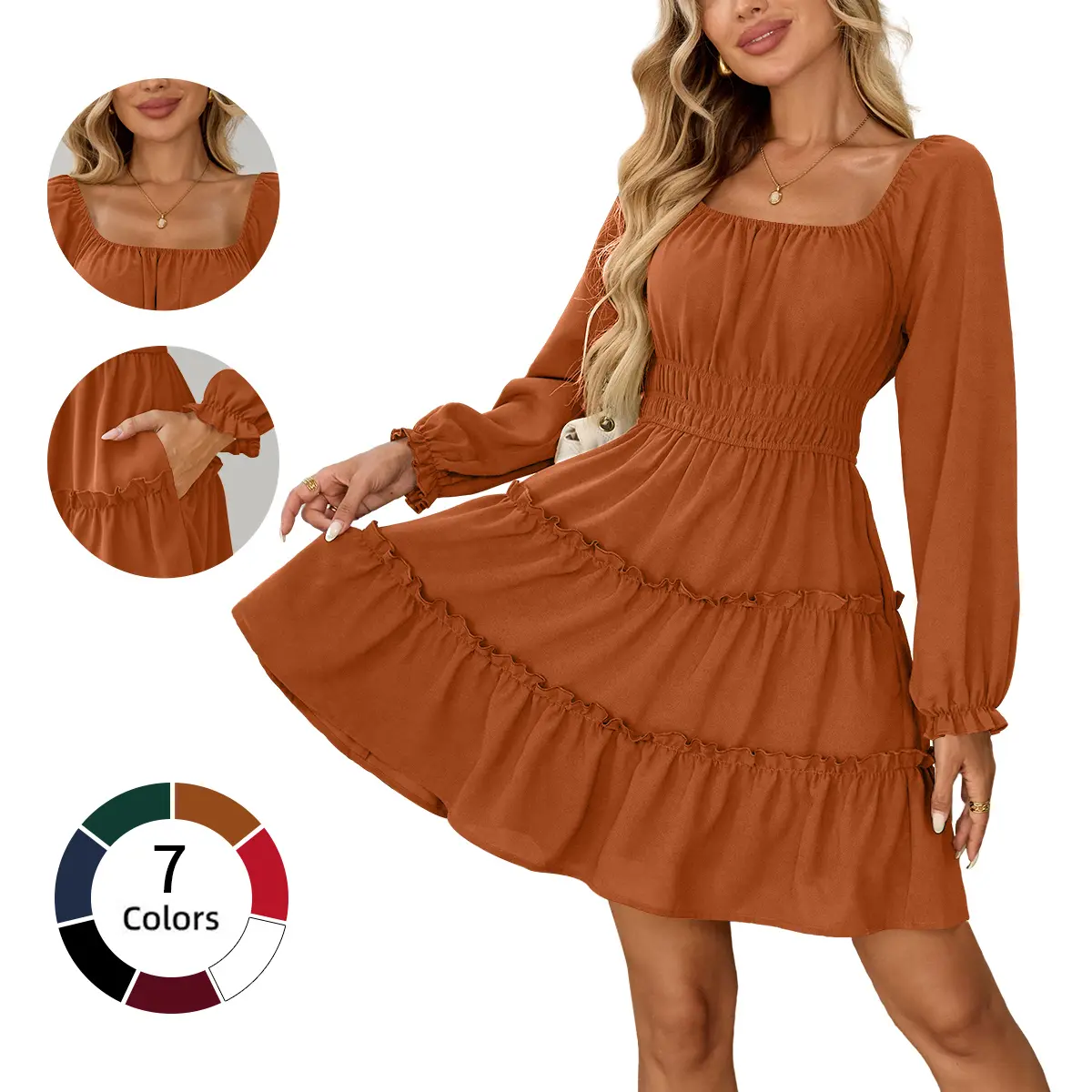 Chicovar Women's Square Neck Boho Mini Dress – Long Sleeve Smocked Waist Tiered Ruffle Dress with Pockets , Cute Lantern Sleeve for Spring Wedding Guest, Family Photos, Church, Westernfashion, Summervibes