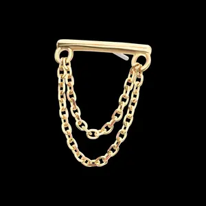14Kt Gold Threadless Bar Flatback Stud Earring with 2-Tier Chain Dangle