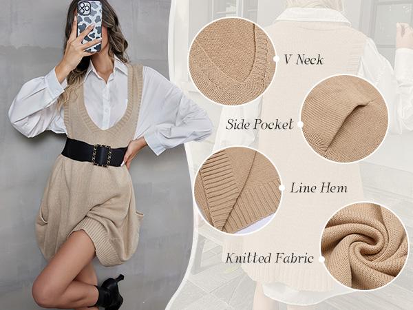 Women's Sleeveless V Neck Knit Sweater Vest Dress Casual Pullover with Side Pockets for Spring Basic Minimalist