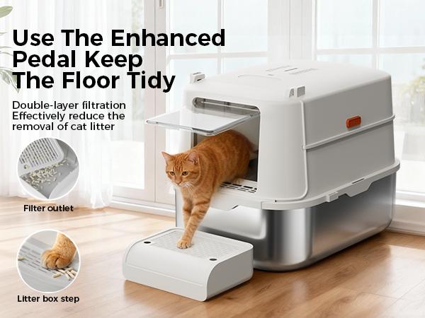 【For Big Cats】Extra Large Stainless Steel Cat Litter Box with Lid XL Enclosed Metal Litter Box for Large Cats, Features High Sidewalls, Removable Cover, Leak-proof, Non-stick, Easy to Clean, Beige Color