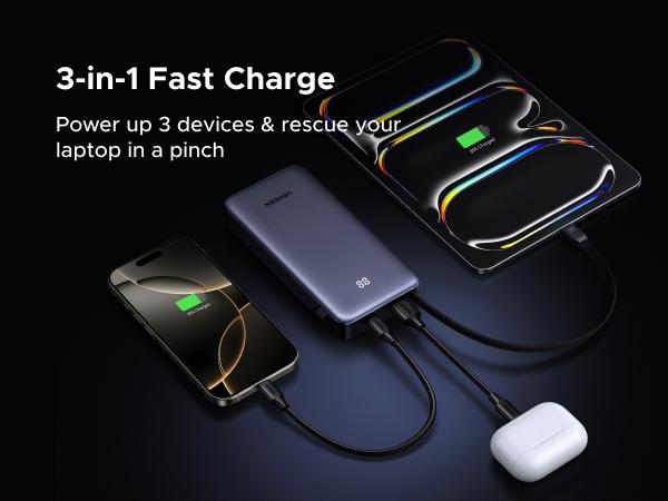UGREEN Nexode Power Bank 20000mAh 45W with Built-in Cable, Fast Charging Portable Charger for iPhone 17 Pro/Samsung S25 Ultra/iPad Pro, 3-Port External Battery Pack with Digital Display, Travel Ready