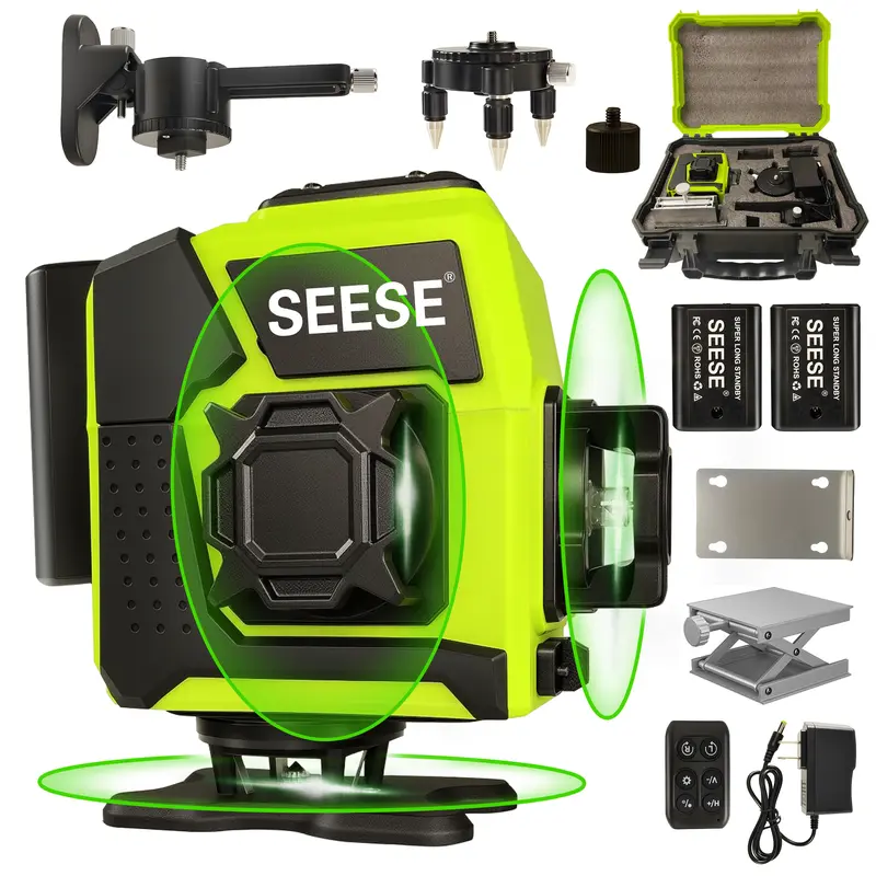 SEESE 12-Line Green Laser Level 3x360&deg; Self-Leveling Remote Control Dual Batteries Full Accessories for Tile Cabinet Home Improvement, Halloween gifts