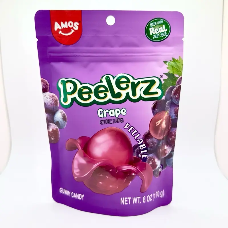 Amos Peelerz Grape Gummy Candy - Peelable Fruit-Shaped, Soft, Natural Corn-Based, Low Artificial Sugar, GMO-Free, 6 oz (170g) Resealable Bag, Juicy Chewy Tropical Tangy Snack for All Ages