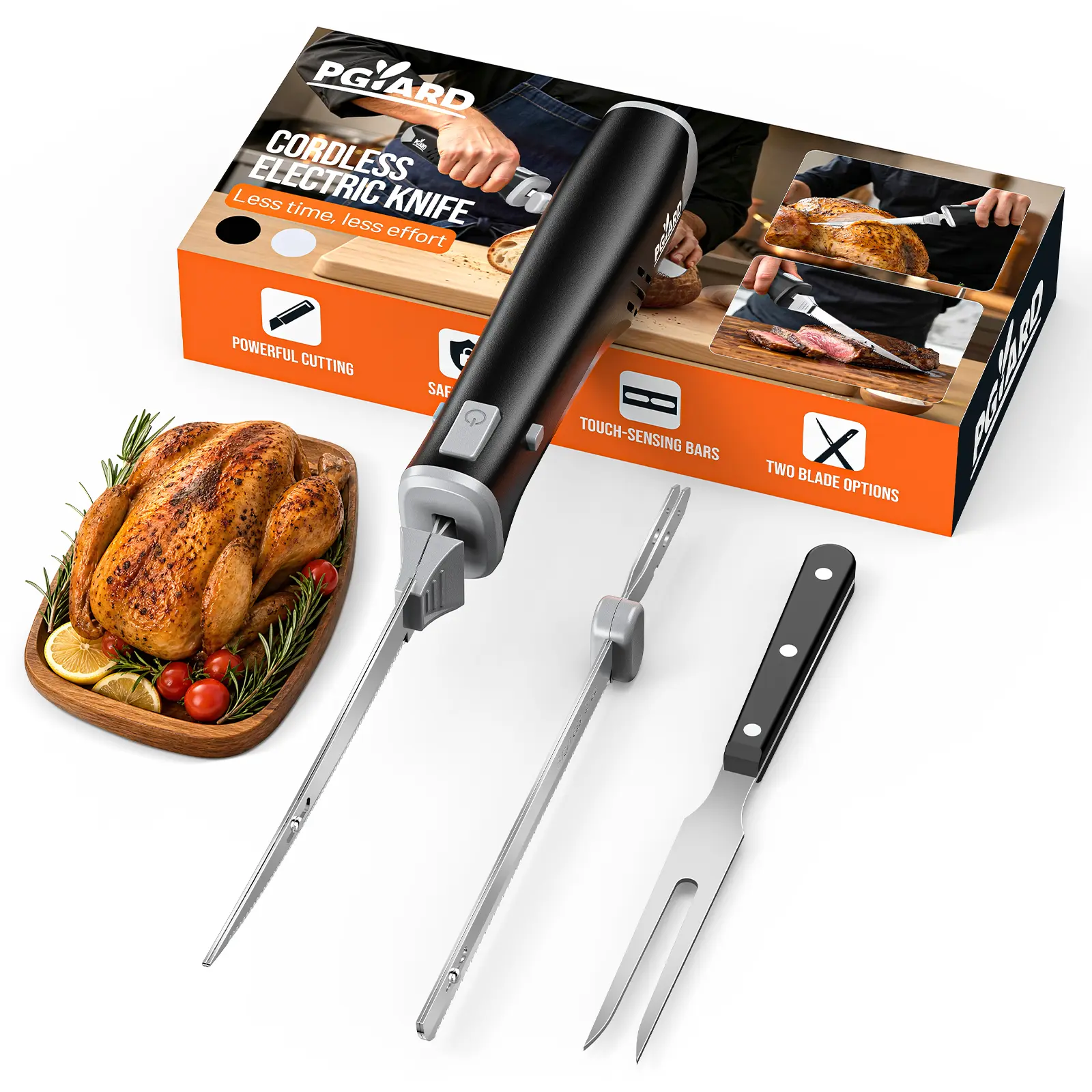 PGYARD Cordless Electric Knife for Meat & Bread Slicing, 420J2 Stainless Blades | 2000mAhx2 Battery, 15000RPM High-Motor, Dual Safety Lock, 30Min load-Runtime, Type-C Charging, 2 Blades for Turkey homeessentials