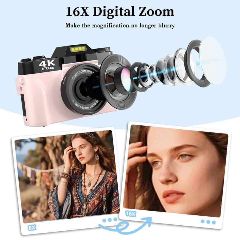 4K 56MP Vlogging Camera with 180° Flip Screen, Compact Camera with 16x Digital Zoom, 32GB TF Card, Summer gift(Black)