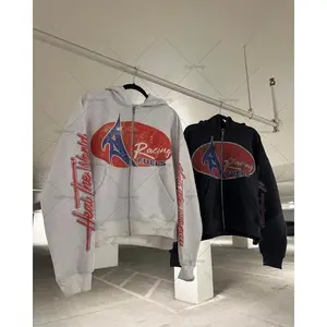 American retro letter printed oversized sportswear Harajuku street trend zipper hoodie men's hip-hop casual loose jacket couple outfit