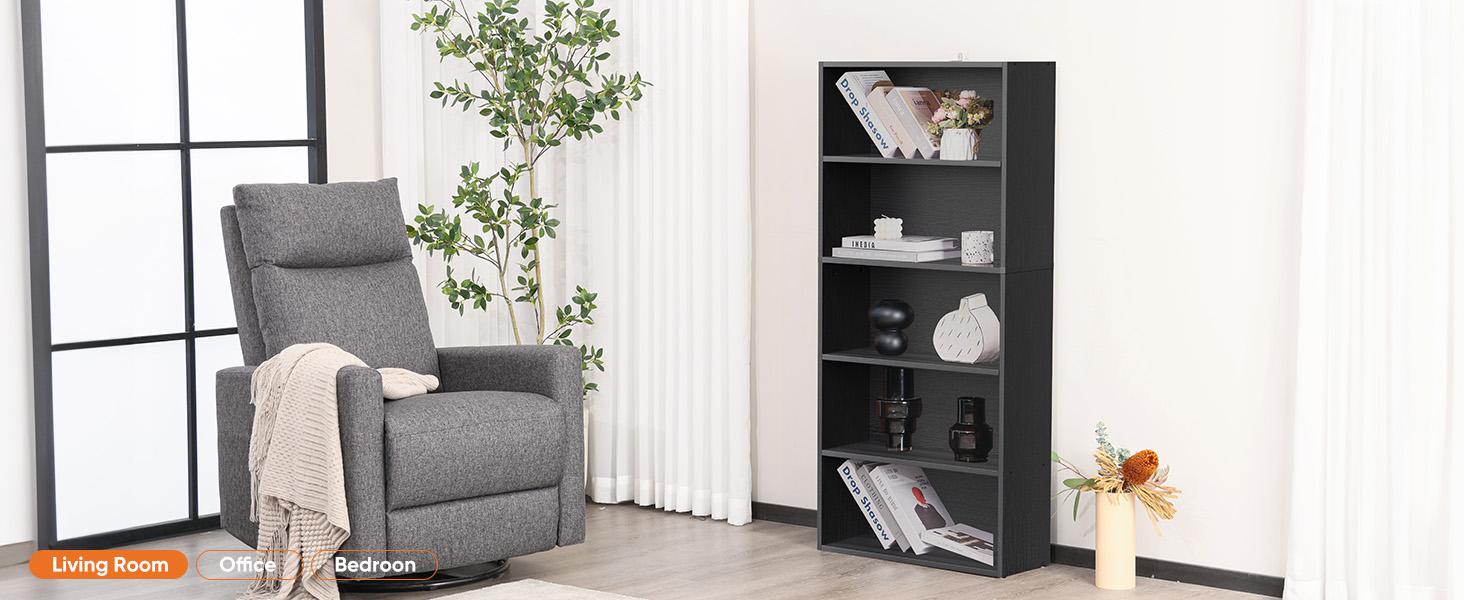 Industrial 5 Shelf Bookcase - Large 53 Inch Tall Floor Standing Open Bookshelf for Home Office, Living Room, and Bedroom Storage