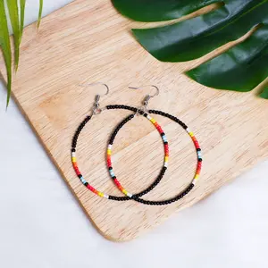 Black Round Pattern Beaded Handmade Hoop Earrings For Women