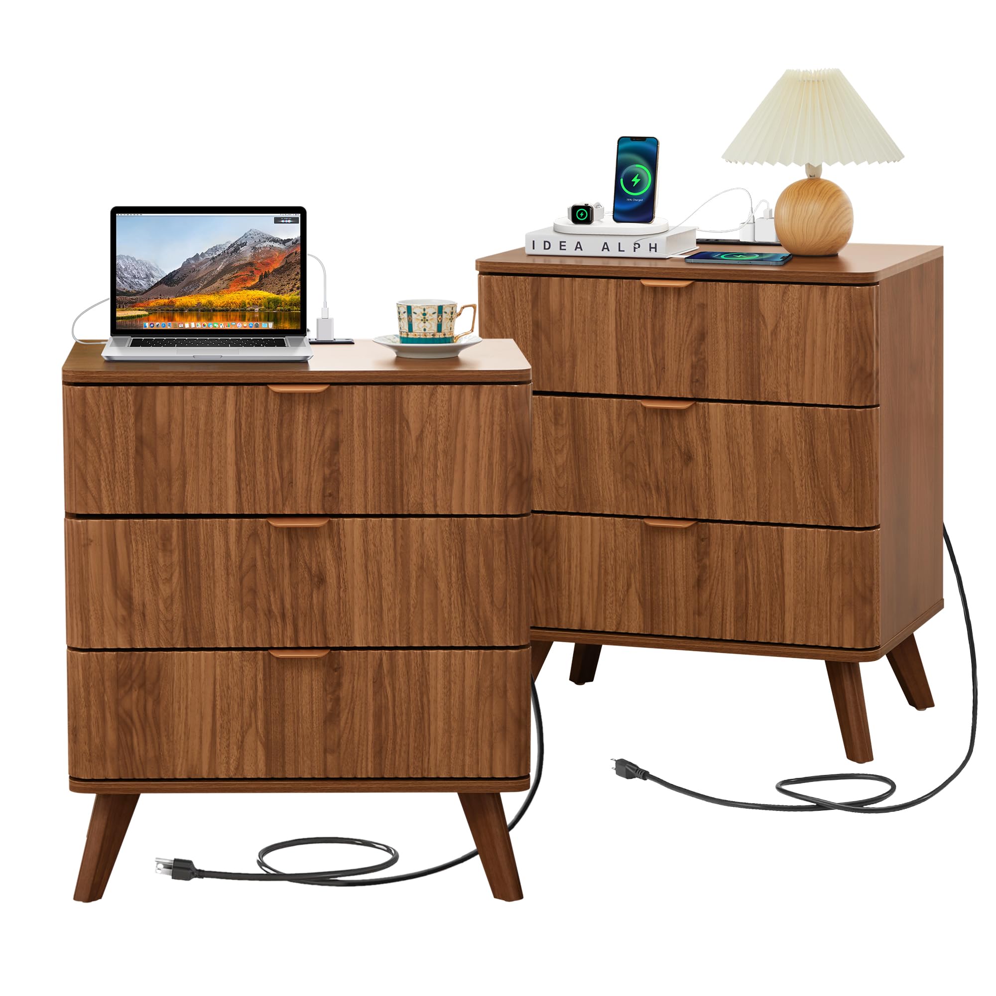 Giratree  3 Drawer Farmhouse Nightstand Set of 2 with Charging Station, Mid Century Modern Wide Nightstand with Drawers, Fluted Nightstand Dresser for Bedroom Bedside Table, Living Room End Table with Storage