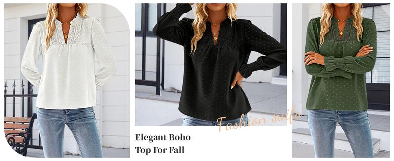 Mundoven Boho Tops for Women V Neck Blouses Flowy Swiss Dot Dressy Casual Lace Womens Long Sleeve Shirts Trendy 2026
