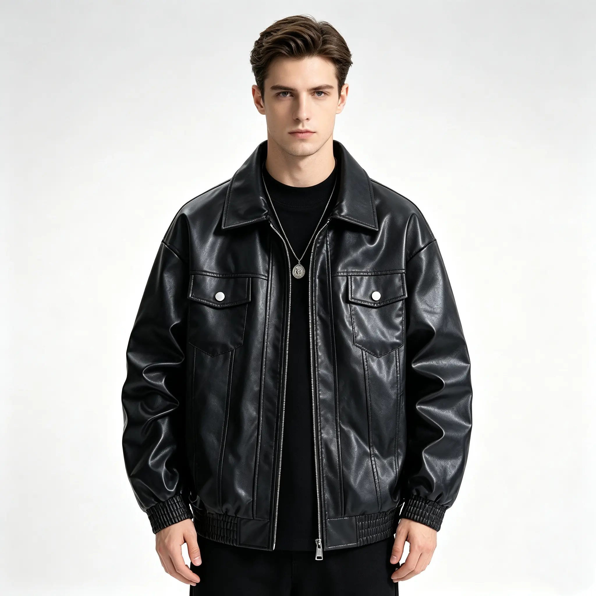 Men's Oversized PU Leather Jacket Vintage Lapel Collar Bomber Jacket Casual Loose Fit Faux Leather Coat Streetwear Outerwear for Men