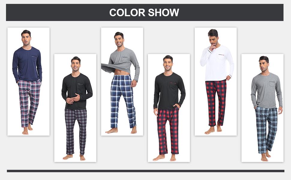 MoFiz Men's Pajamas Plaid Sets Sleepwear Long Sleeve Shirts and Pants Lightweight Soft Mens Pjs Lounge Set with Pockets
