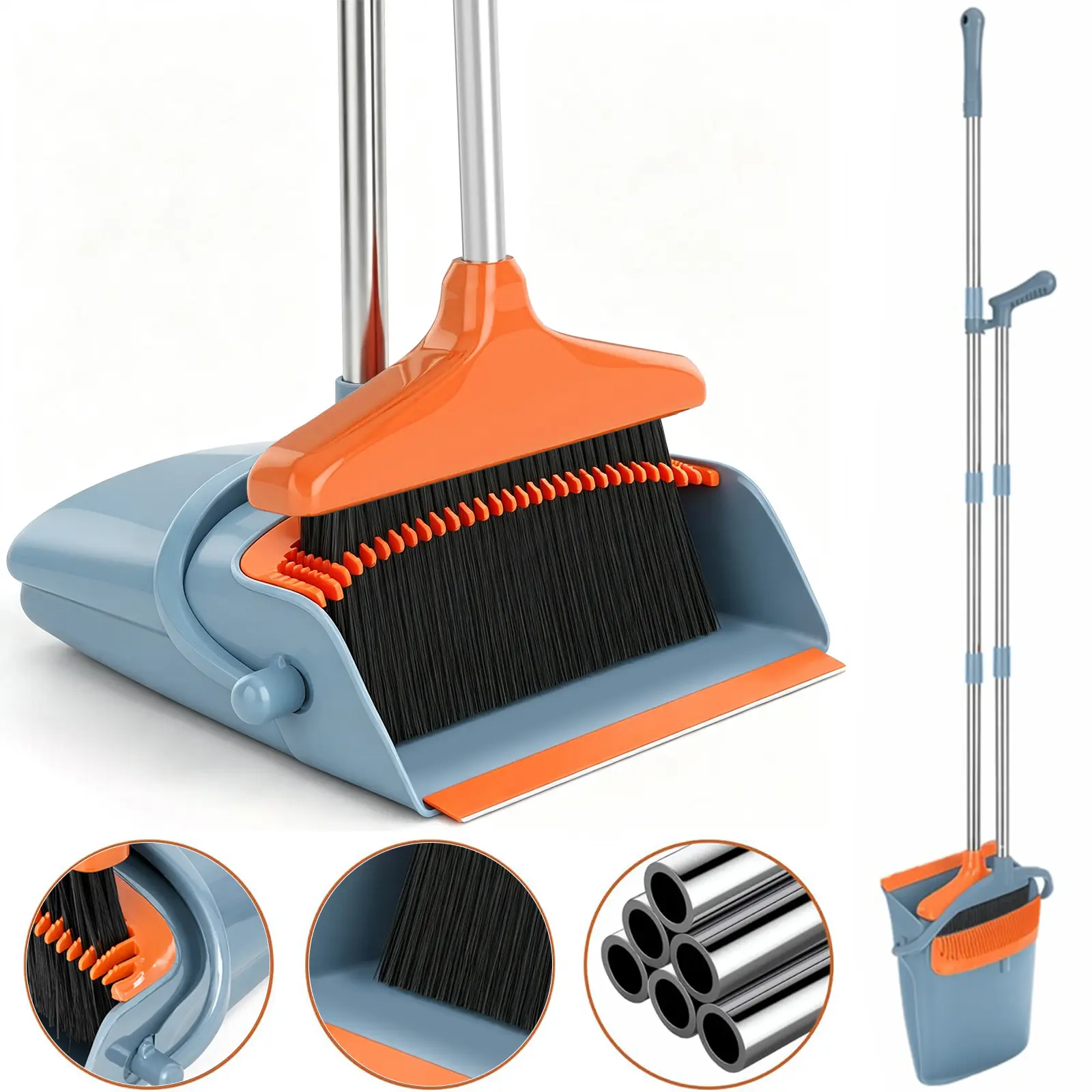 Upgrade Broom and Dustpan Set, Self-Cleaning with Dustpan Teeth, Indoor&Outdoor Sweeping, Ideal for Dog Cat Pets Home Use, Stand Up Broom and Dustpan