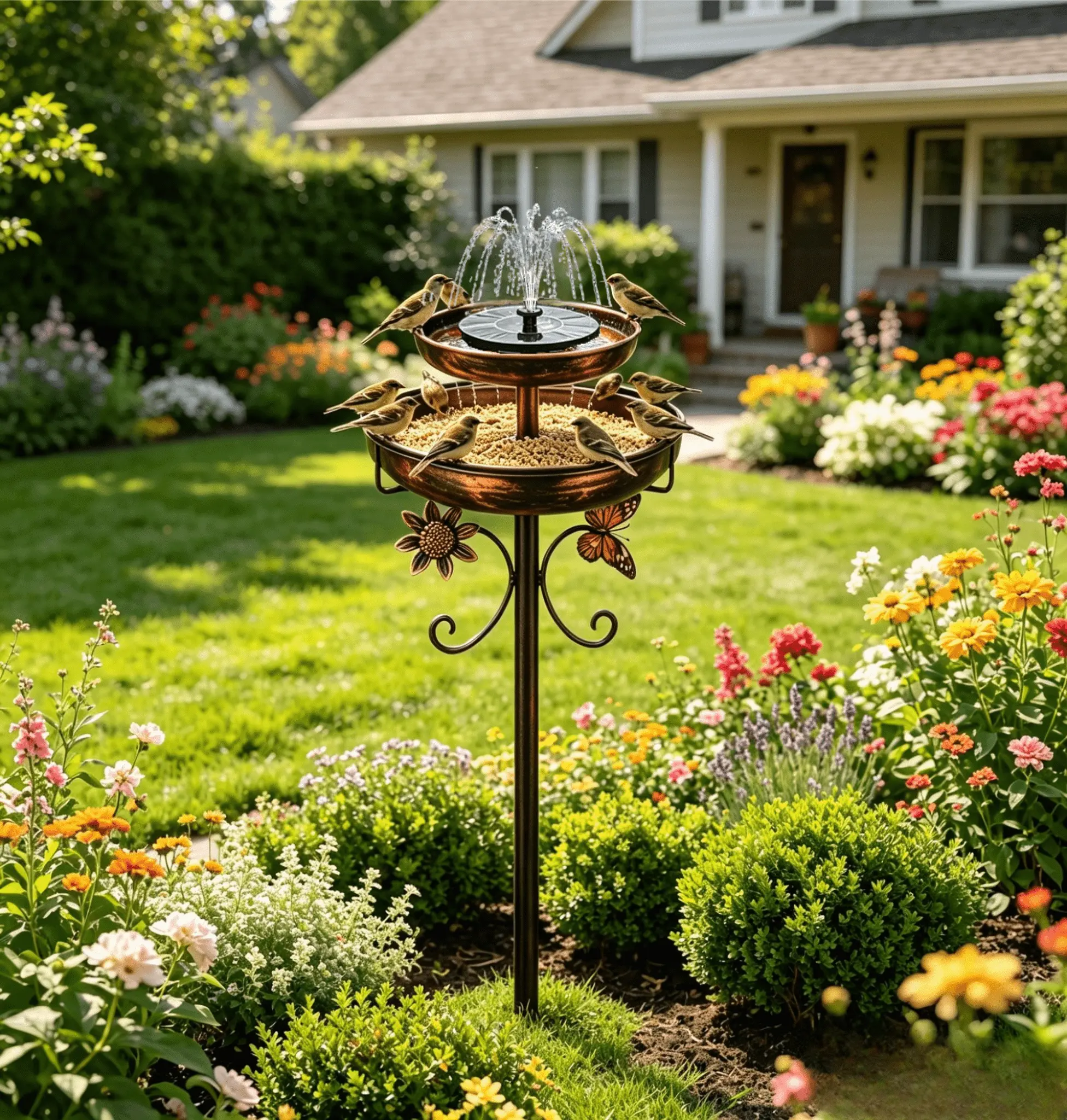 2-Tier Solar-Powered Fountain & Feeder Combo - Freestanding Outdoor Garden Decor for Landscape, Ideal for Finches, Sunlight-Powered Money-Saving Gift (Fountains & Bird Baths)